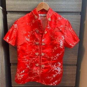 Vintage Women Traditional Asian Silk Short Sleeves Shirt Blouse Small